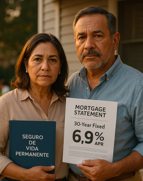 Una pareja latina exhibe su estado hipotecario (30-year fixed, 6.9 % APR) y la carpeta de su Seguro de Vida Permanente; al fondo, sus hijos juegan, símbolo de planificación y estabilidad financiera.
