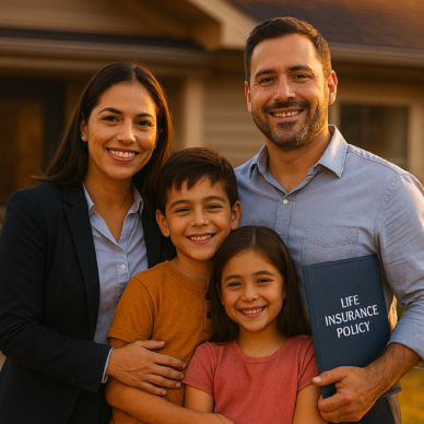 Familia hispana de clase media frente a su casa al atardecer, mostrando confianza mientras el padre sostiene una póliza de seguro de vida; al fondo, una noticia sobre recortes a programas sociales