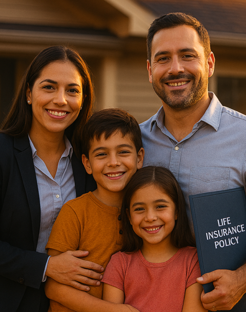 Familia hispana de clase media frente a su casa al atardecer, mostrando confianza mientras el padre sostiene una póliza de seguro de vida; al fondo, una noticia sobre recortes a programas sociales